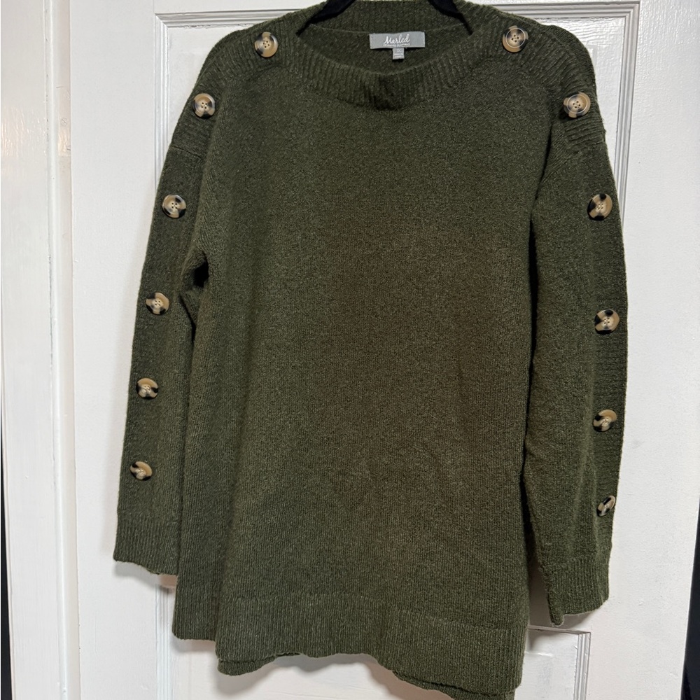 Marled Forest Green Button-Accent Sweater